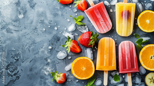 Colourful ice cream popsicle set. Illustration of fresh summer ice cream on a colourful background photo