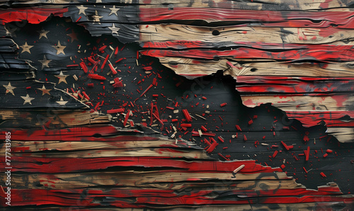 Patriotic American flag ripped through wood