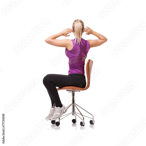 Office, chair and woman stretching back for posture, health and fitness in white background or studio. Sitting, exercise and person training with seated stretches with arms or practice for wellness