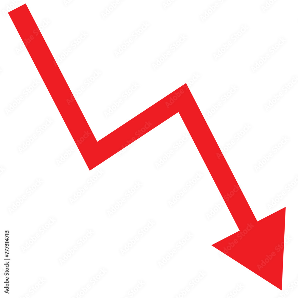 Red 3d arrow going down stock icon on white background. Bankruptcy, financial market crash icon for your web site design, logo, app, UI. graph chart downtrend symbol. chart going down sign. Vector Red 3d arrow going down stock icon on white background. Bankruptcy, financial market crash icon for your web site design, logo, app, UI. graph chart downtrend symbol. chart going down sign. Vector