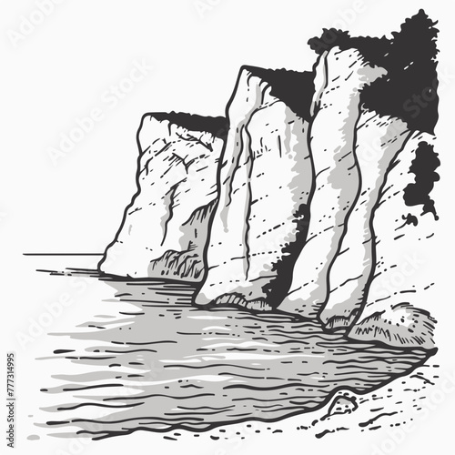 This stark black and white ink drawing of towering cliffs offers a dramatic background for storytelling and adventure themes.