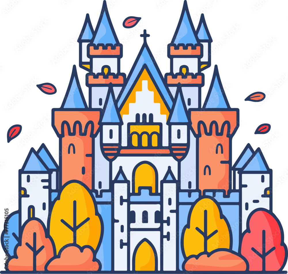 A vibrant illustration of a fantasy castle amidst an autumn-colored forest, great for storybook themes and fairy tale designs.