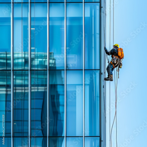 Industrial Climber Washing High-Rise Building Windows