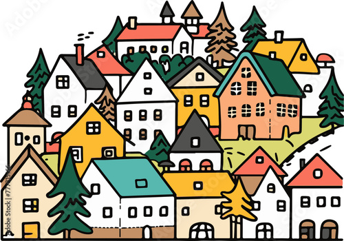 This playful, colorful illustration of whimsical townhouses is perfect for children's stories and urban themes.