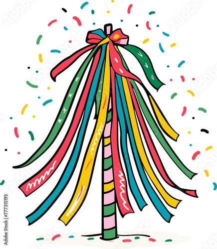 Tableau sur toile This festive illustration features a maypole adorned with vibrant ribbons, suitable for cultural celebrations and springtime events