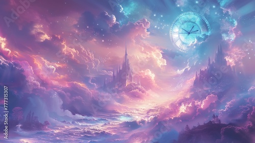 castle cloud fantasy pastel dreamy clock magical enchanting whimsical fairytale ethereal time surreal floating mystical wonderland whimsy dreamland sky magical castle soft peaceful photo