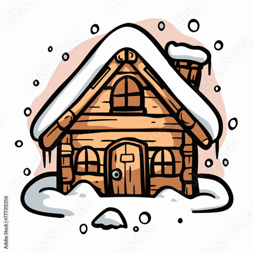 A charming wooden cabin with snow on its roof signifies a warm retreat during winter, ideal for holiday themes and story illustrations.