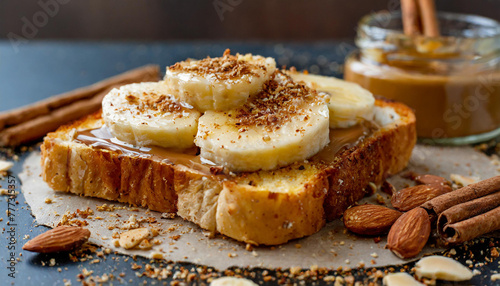 Toasted bread with almond butter spread  banana slices  sprinkle of cinnamon. Tasty breakfast.