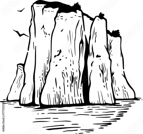 This stark black and white ink drawing of towering cliffs offers a dramatic background for storytelling and adventure themes.