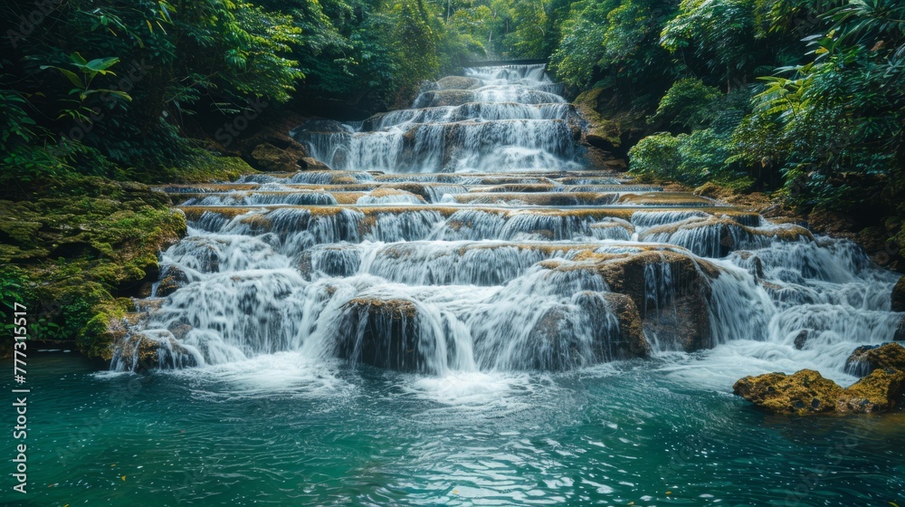 Fototapeta premium Waterfalls: Photograph cascading waterfalls in lush green surroundings. 