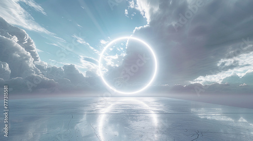 a futuristic white arena background with a large ring of light, in the style of light sky-blue and light bronze, transparent/translucent medium, large-scale minimalist, light gray and light bronze photo