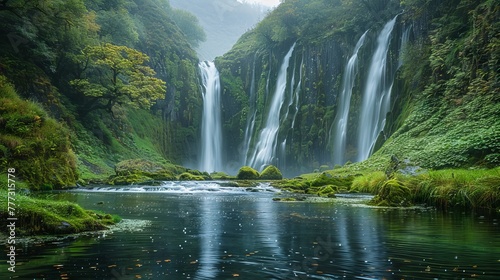 Waterfalls  Photograph cascading waterfalls in lush green surroundings. 