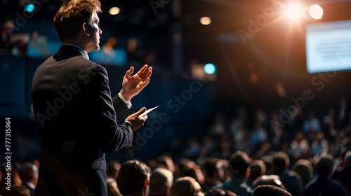 Captivating European Male Speaker Mesmerizing Business Seminar Audience with Expertise and Passion Generative ai photo