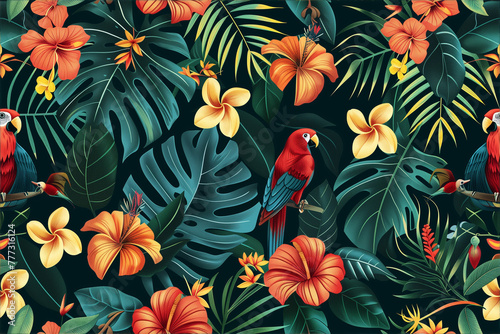 Tropical pattern with parrots and exotic flowers on dark green background © BetterPhoto