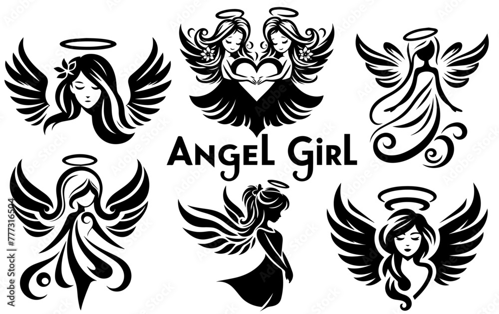 female girl angels with wings and halos, black vector illustration silhouette shapes