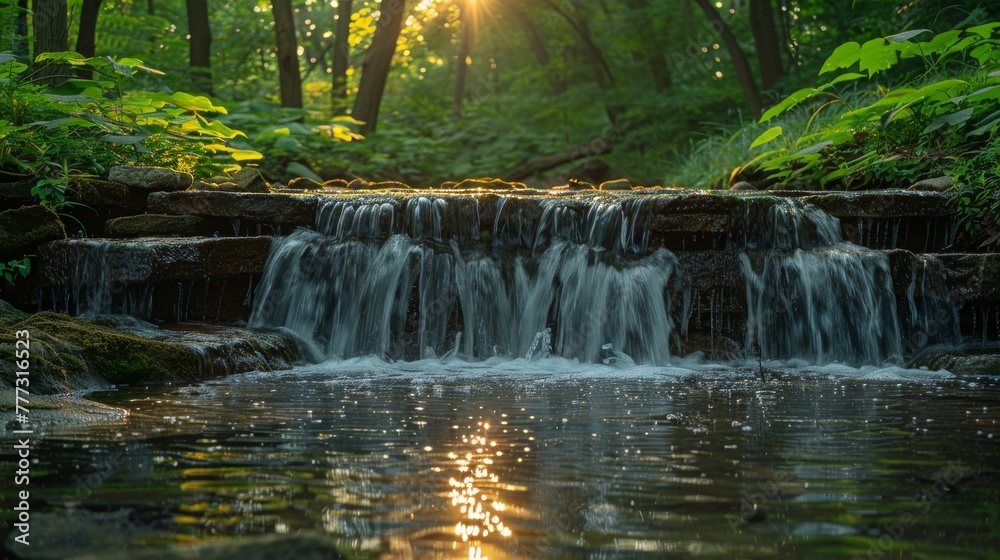 Fototapeta premium Waterfalls: Photograph cascading waterfalls in lush green surroundings. 
