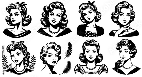 retro vintage portrait of girl in 50s pin-up style, vector silhouette print illustration