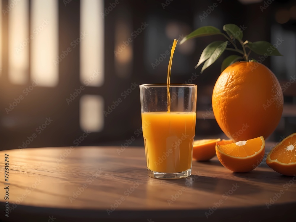 Fresh Orange Juice On Wooden Table In Cafe Fresh Orange Juice On Wooden Table In Cafe