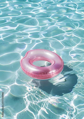 Pastel pink swim ring floats in swimming pool, summer holidays creative layout. 