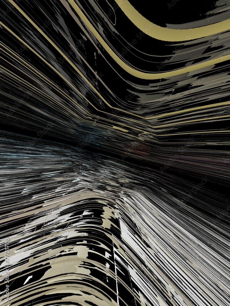 3D exploding multi-coloured striped pattern motion blur on a black background