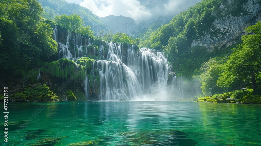 Fototapeta premium Waterfalls: Photograph cascading waterfalls in lush green surroundings. 