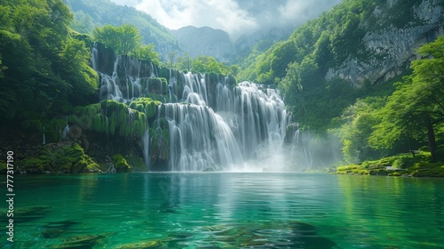 Waterfalls: Photograph cascading waterfalls in lush green surroundings. 