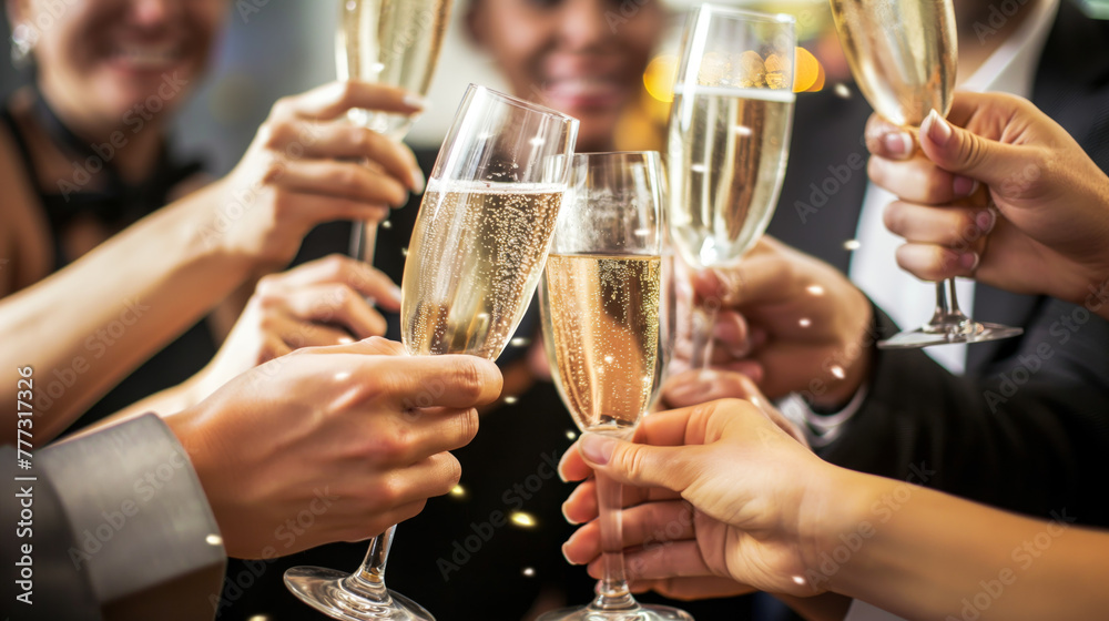 A cheerful group of people toasting with champagne glasses at an upscale party. A cheerful group of people toasting with champagne glasses at an upscale party.