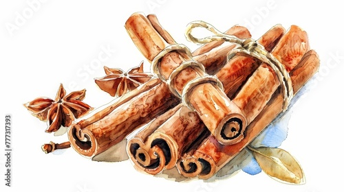 Cinnamon, Has antioxidative and antiinflammatory properties, super food conception, watercolor illustration photo