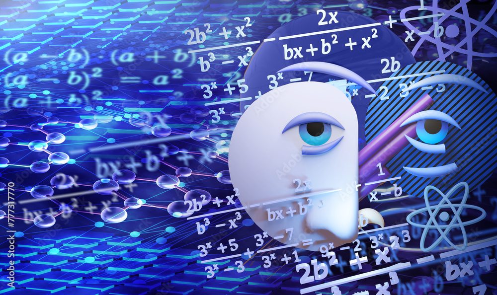 Fotografia Robot android face portrait on background with algebra formulas
