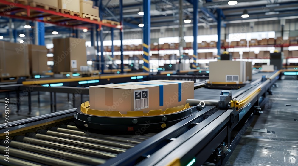 HighTech Logistics Center Robots Prepare Online Shopping Orders for Shipping on Automated Conveyor Belt Generative ai