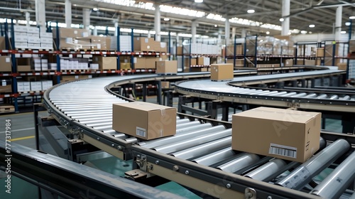 High Tech Logistics Center Performance Automated Conveyor Belt Parcel for Global Shipping Generative ai © Mina Nida