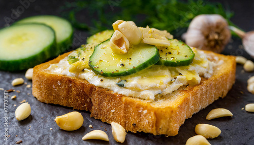 Close-up of toasted bread with cashew cheese spread with roasted garlic and thinly sliced cucumber.