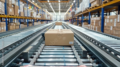High Tech Logistics Center Performance Automated Conveyor Belt System Prepares Online Shopping Orders for Shipping Generative ai