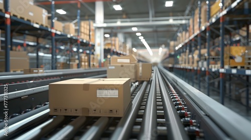 High Tech Logistics Center Performance Automated Conveyor Belt Prepares Retail Parcels for Ecommerce Companies Generative ai © Mina Nida
