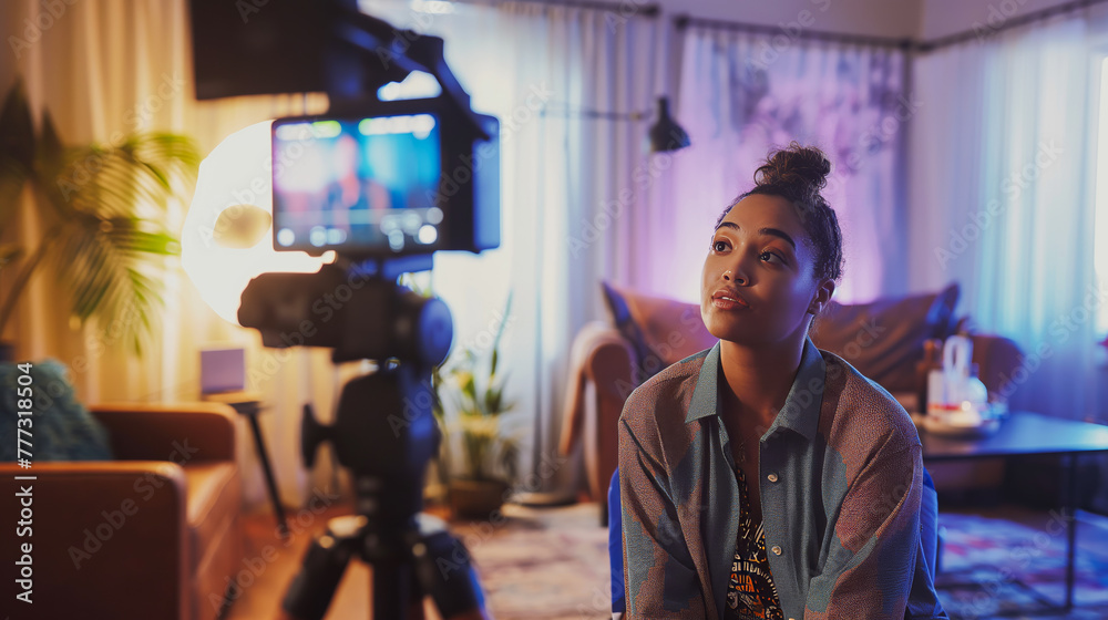 Young female influencer posing in her living room Young female influencer posing in her living room