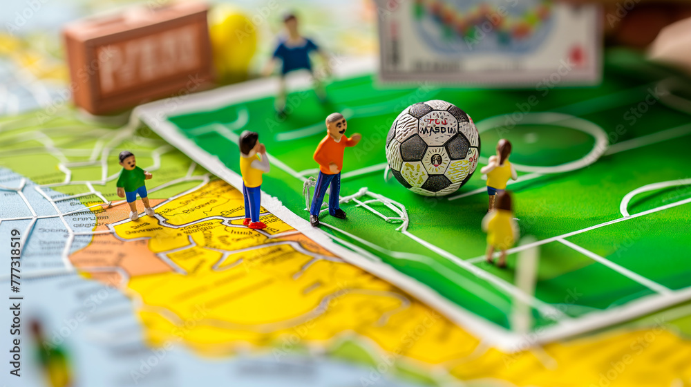 Fototapeta premium Tiny tourists taking photos beside a doodled illustration of a football match in Brazil on a paper map as if they are attending a game during the FIFA World Cup.