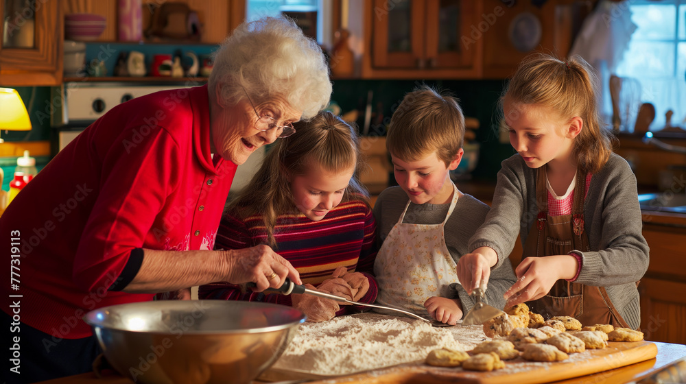 Elderly lady baking cookies with her grandchildren in a cozy kitchen setting. Elderly lady baking cookies with her grandchildren in a cozy kitchen setting.