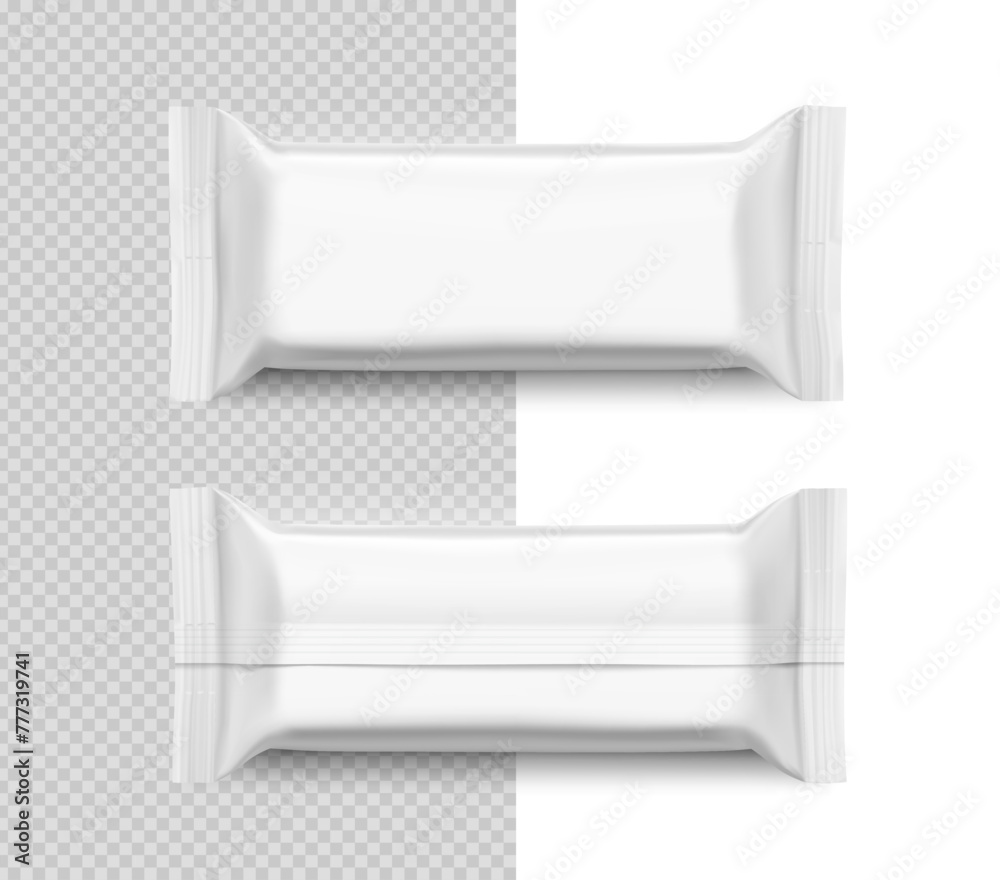 Realistic flow packaging mockups for bars, candies, waffles. Front and rear side. Vector illustration on white and transparent background. Easy to use for presentation your product, design. EPS10. Realistic flow packaging mockups for bars, candies, waffles. Front and rear side. Vector illustration on white and transparent background. Easy to use for presentation your product, design. EPS10.