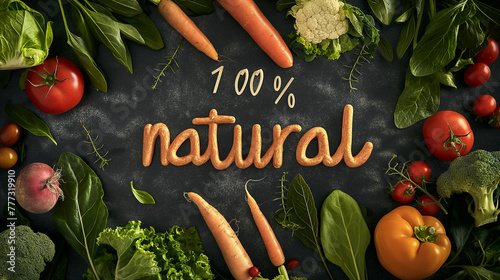 100% natural text amidst organic vegetables. photo
