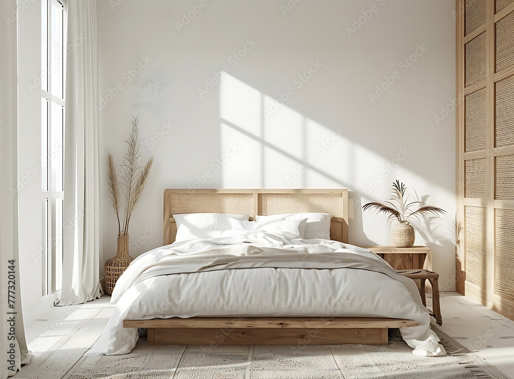 minimalist bedroom, white walls with wood square accents, window on the left side of room, 