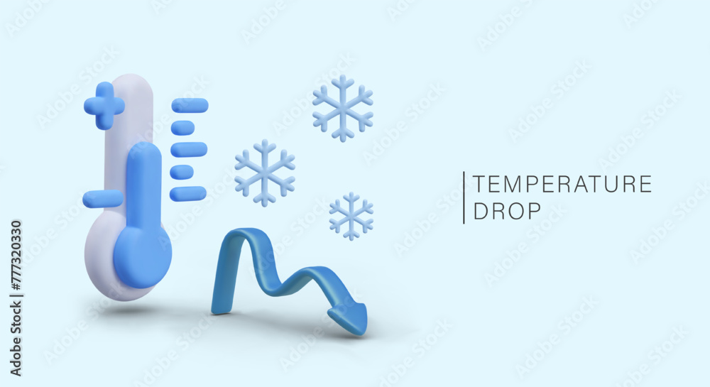 Concept of lowering temperature. Blue banner with 3D thermometer, snowflake, arrow down Concept of lowering temperature. Blue banner with 3D thermometer, snowflake, arrow down