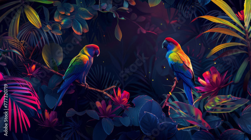 Neon-colored exotic birds on a dark, jungle-themed background