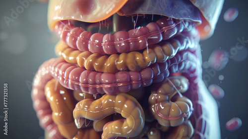 3D illustration of the human digestive system, from the esophagus to the intestines photo
