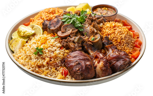 Kabsa Rice Plate in Pure White On Transparent Background.