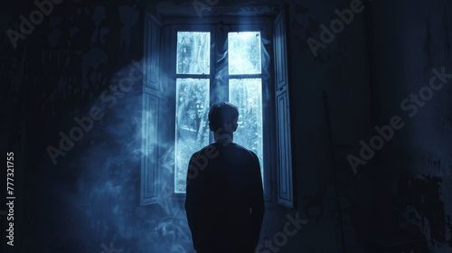 A figure standing at a window looking out  surrounded by darkness  illustrating longing for the outside