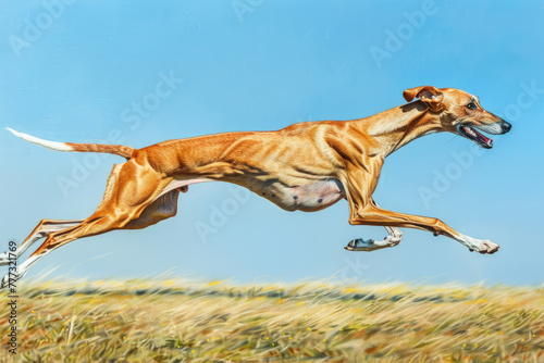 A lively dog is captured mid-leap in this painting, its fur in motion and paws reaching for the sky