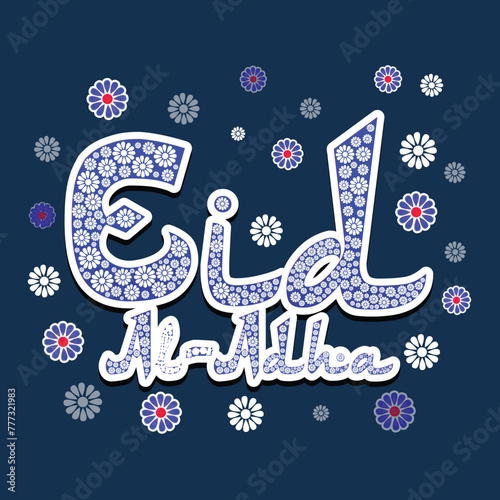 Stylish Text for Eid-Al-Adha Celebration. Stylish pink Text Eid-Al-Adha with floral design on creative purple background for Muslim Community, Festival of Sacrifice Celebration. Vector greeting card.