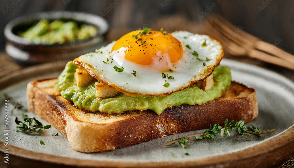 Toasted bread with guacamole and fried egg. Tasty breakfast. Delicious food. Culinary concept.