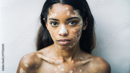 Mujer hermosa con vitíligo en la piel. Chica africana con presencia de manchas blancas en la piel debido a la falta de pigmentación. Mujer bonita con piel dañada.