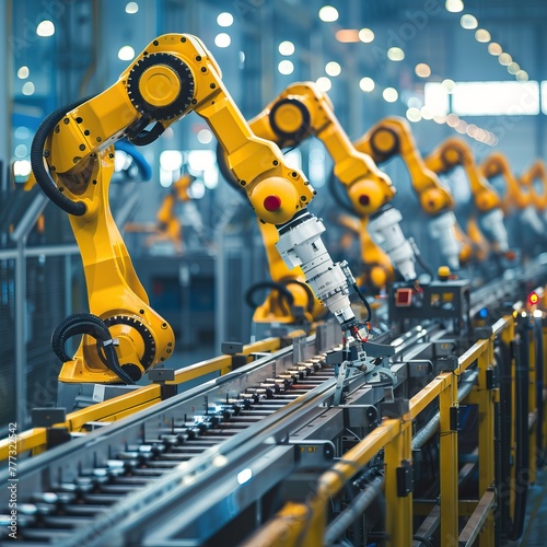 Robotic arms on an assembly line in a modern factory